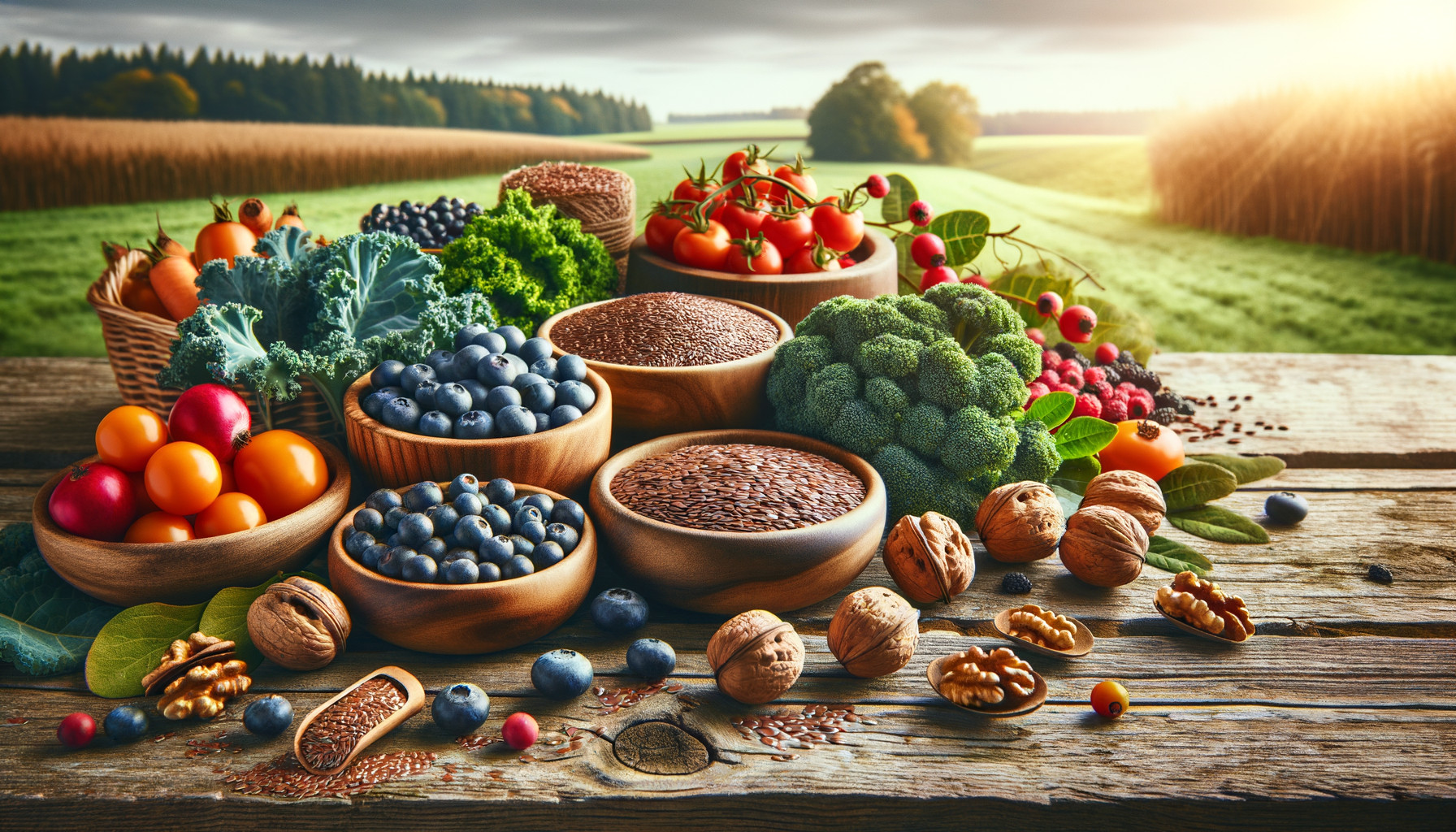 Nachhaltige regionale Superfoods, Bild mit Heidelbeeren, Leinsamen in Schalen mit Landschaft im Hintergrund